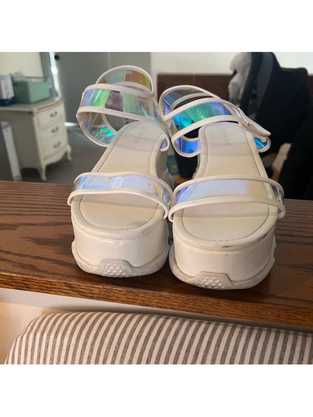 Liliana White Platform Sandals with Iridescent Straps - Picture 7 of 12